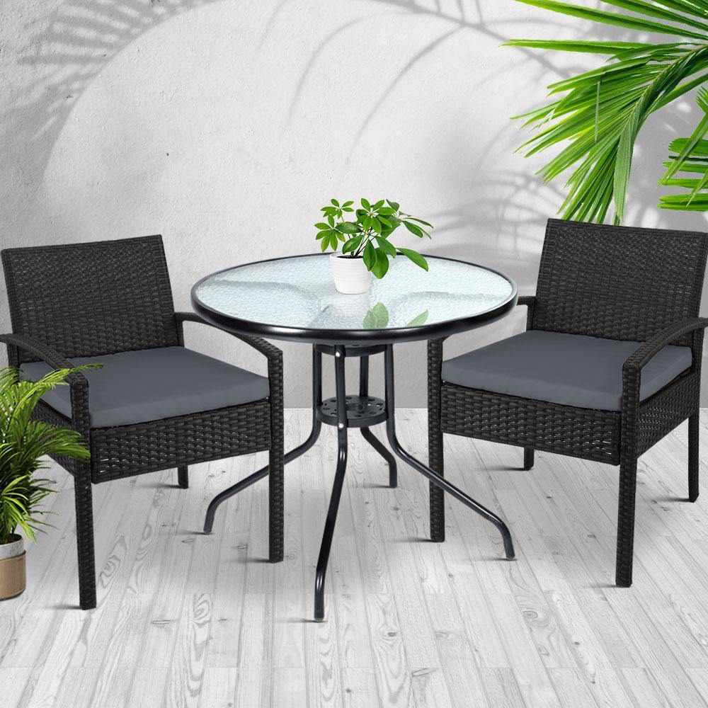 Outdoor Furniture Dining Chairs Wicker Garden Patio Cushion Black 3PCS Sofa Set Tea Coffee Cafe Bar Set - Outdoorium
