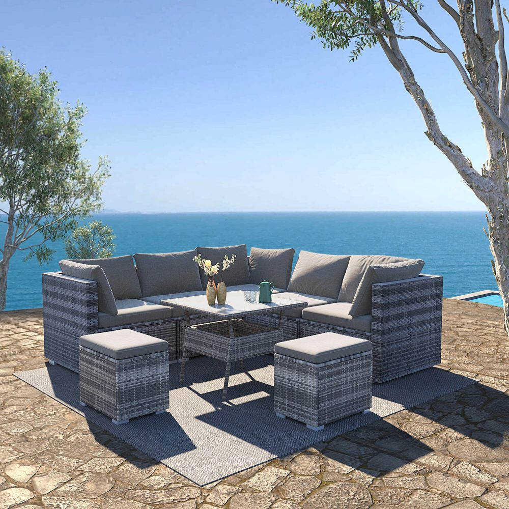 8PC Outdoor Dining Set Wicker Table & Chairs-Grey - Outdoorium