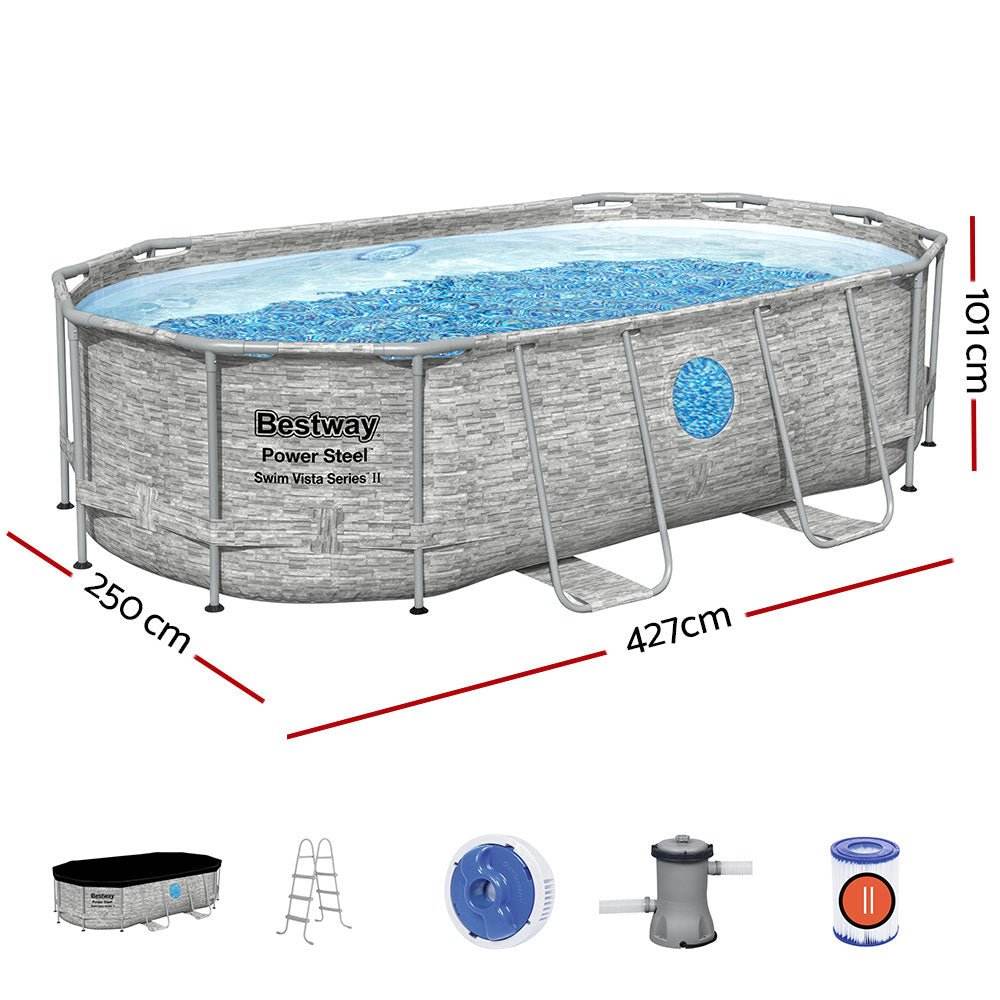 Bestway Swimming Pool 427x250x100cm Steel Frame Above Ground Pools Filter Pump Ladder 7250L - Outdoorium