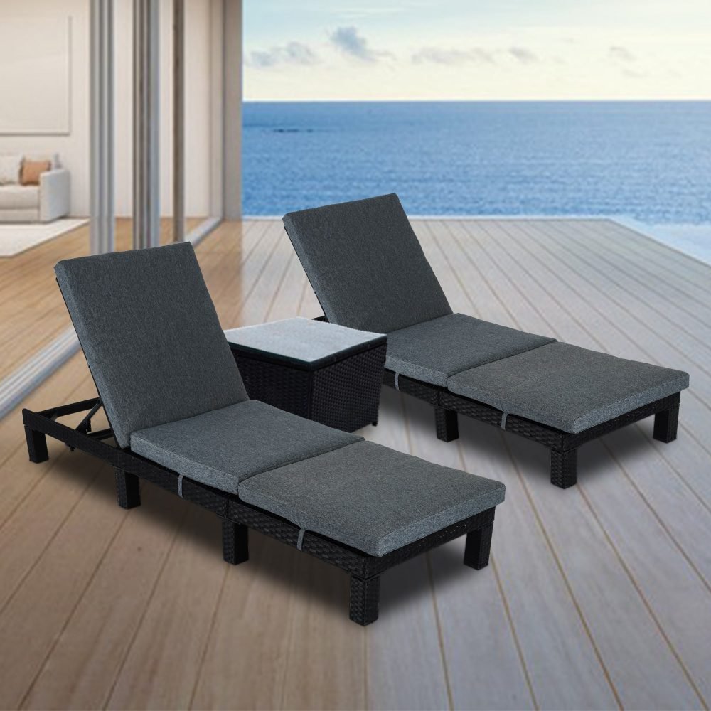 Black Rattan Sunlounge Set with Joining Coffee Table - Outdoorium