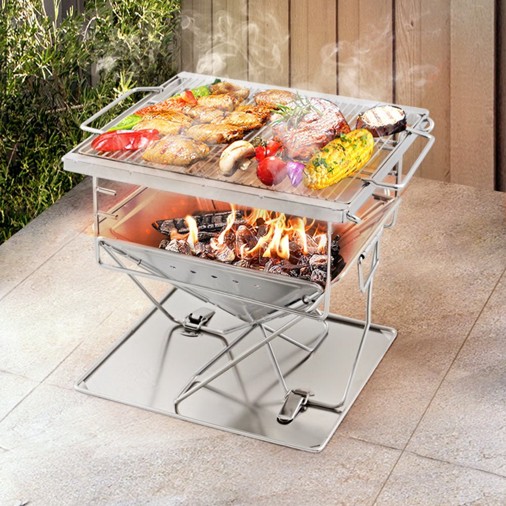Camping Fire Pit BBQ Portable Folding Stainless Steel Stove Outdoor Pits - Outdoorium