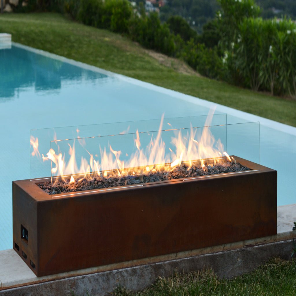 Custom Outdoor Gas Fireplace - Planika Galio Corten With Glass Fender - Automatic - Outdoorium