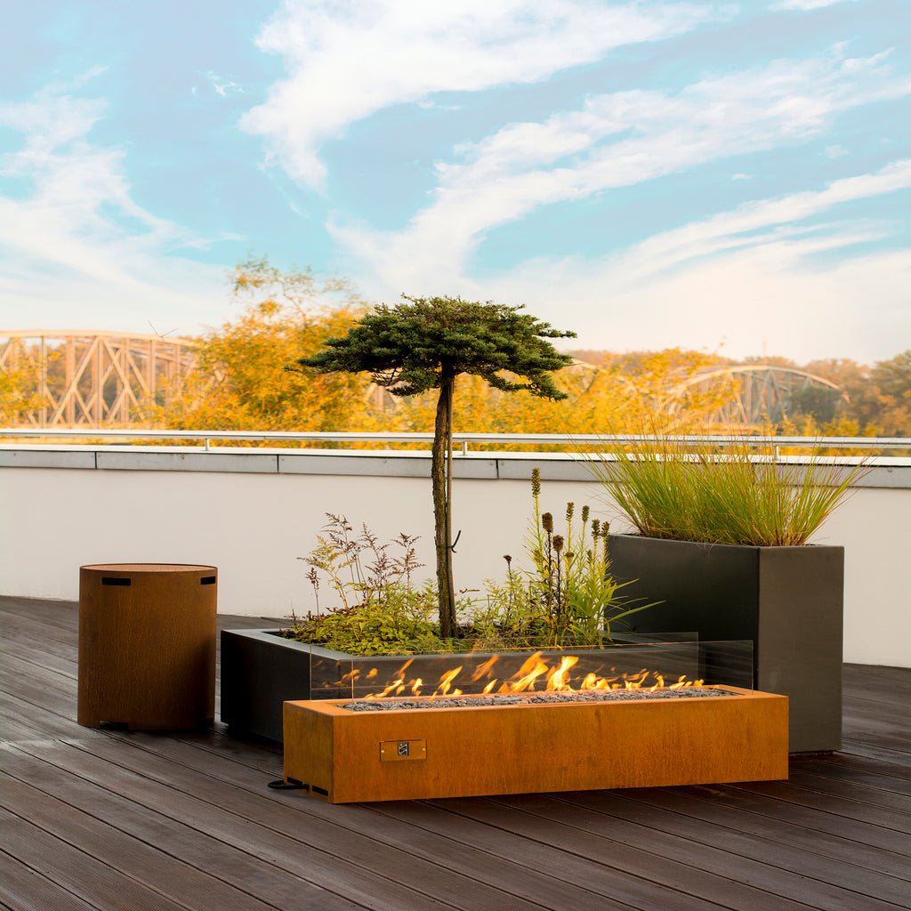 Custom Outdoor Gas Fireplace - Planika Galio Corten With Glass Fender - Automatic - Outdoorium