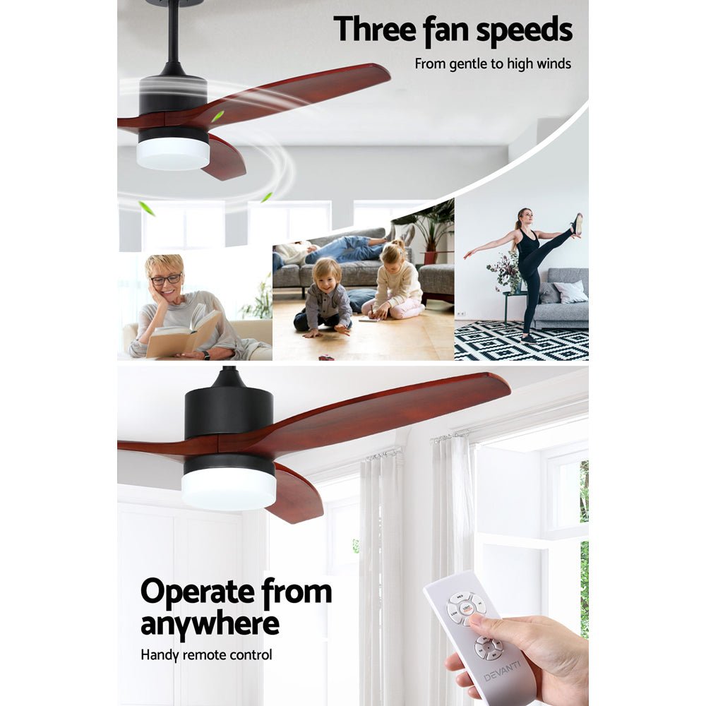 Devanti 52'' Ceiling Fan LED Light Remote Control Wooden Blades Dark Wood Fans - Outdoorium