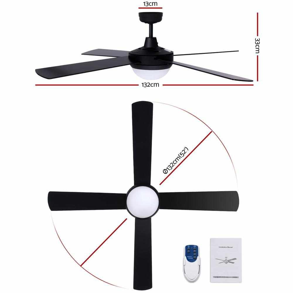 Devanti 52'' Ceiling Fan w/Light w/Remote Timer - Black - Outdoorium