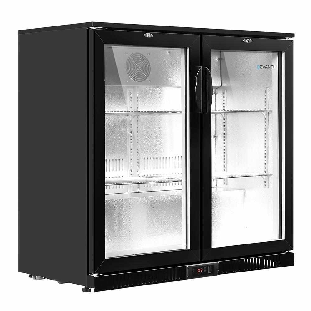 Devanti Bar Fridge 2 Glass Door Commercial Display Freeer Drink Beverage Cooler Black - Outdoorium