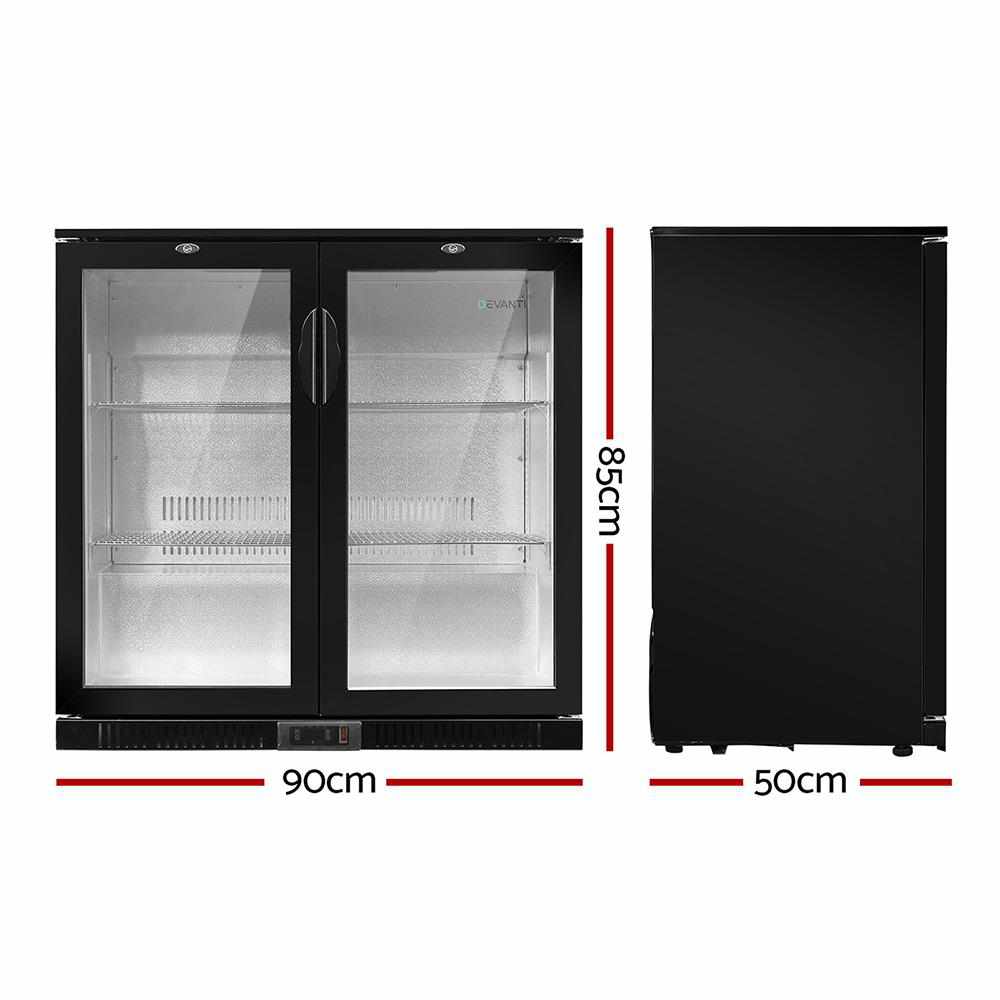 Devanti Bar Fridge 2 Glass Door Commercial Display Freeer Drink Beverage Cooler Black - Outdoorium