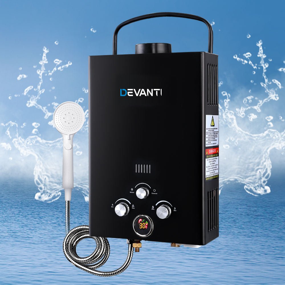 Devanti Outdoor Gas Hot Water Heater Portable Camping Shower 12V Pump Black - Outdoorium