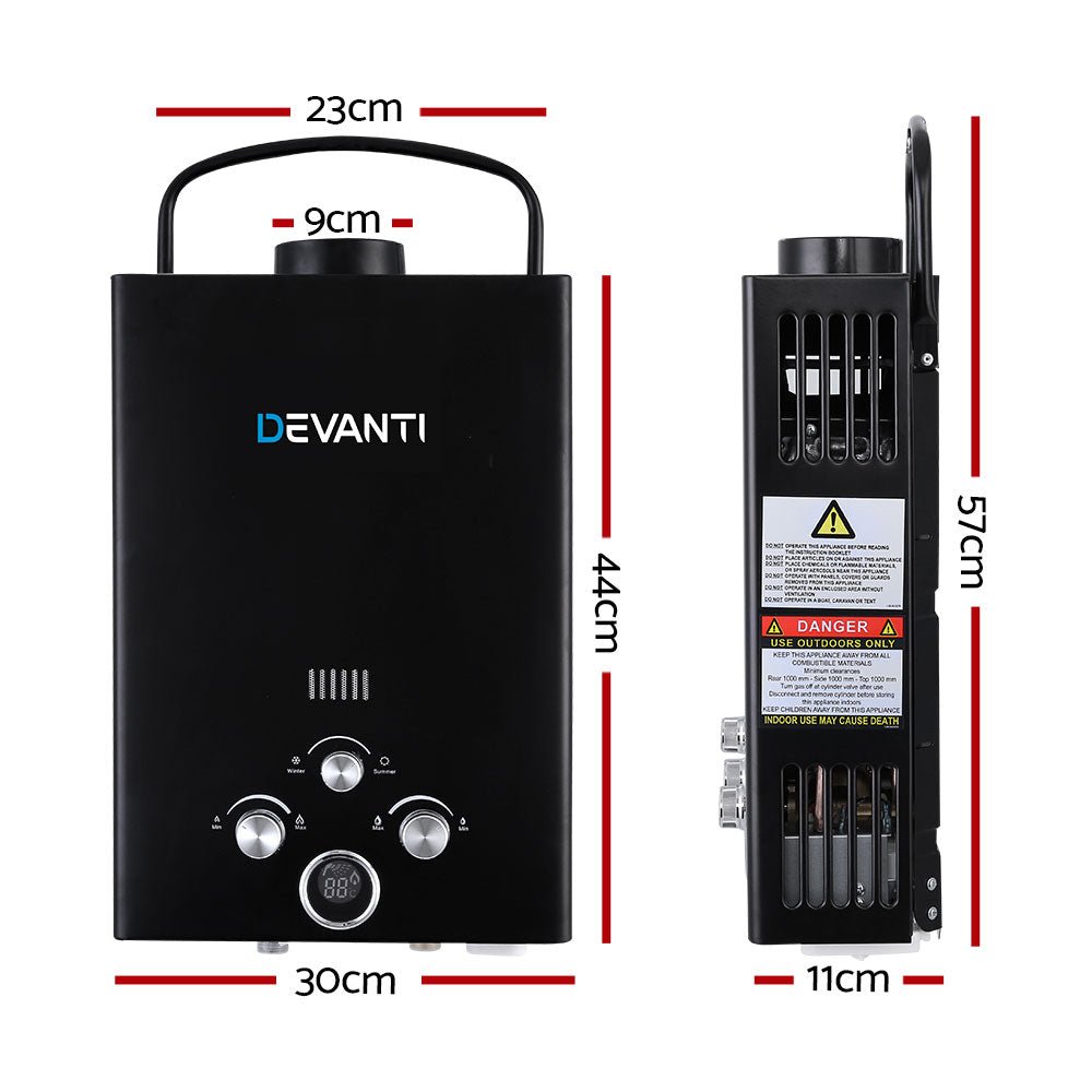 Devanti Outdoor Gas Hot Water Heater Portable Camping Shower 12V Pump Black - Outdoorium