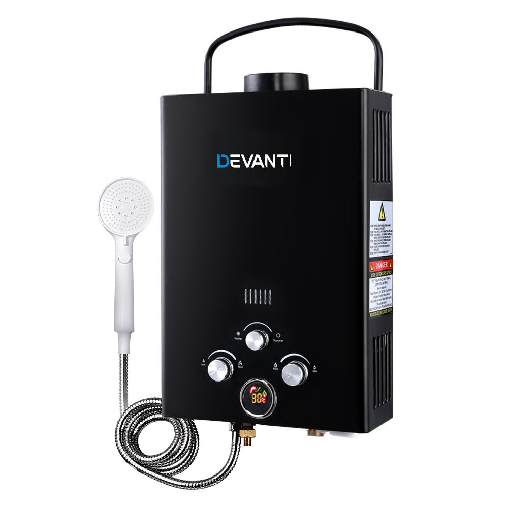 Devanti Outdoor Gas Hot Water Heater Portable Camping Shower 12V Pump Black - Outdoorium