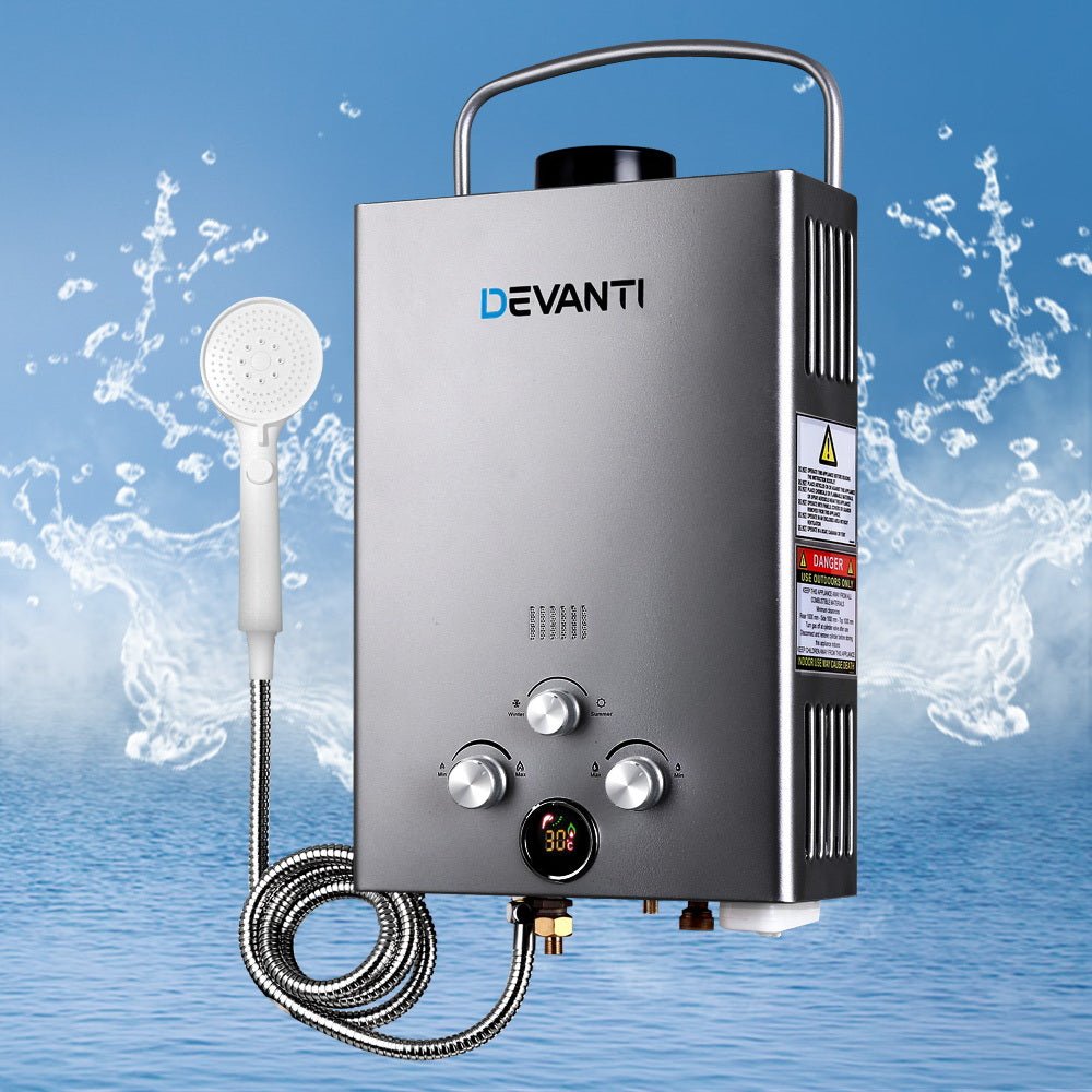 Devanti Outdoor Gas Hot Water Heater Portable Camping Shower 12V Pump Grey - Outdoorium