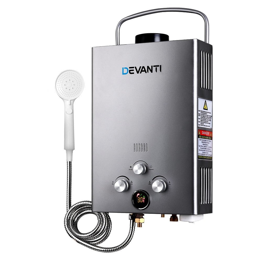 Devanti Portable Gas Water Heater 8LPM Outdoor Camping Shower Grey - Outdoorium