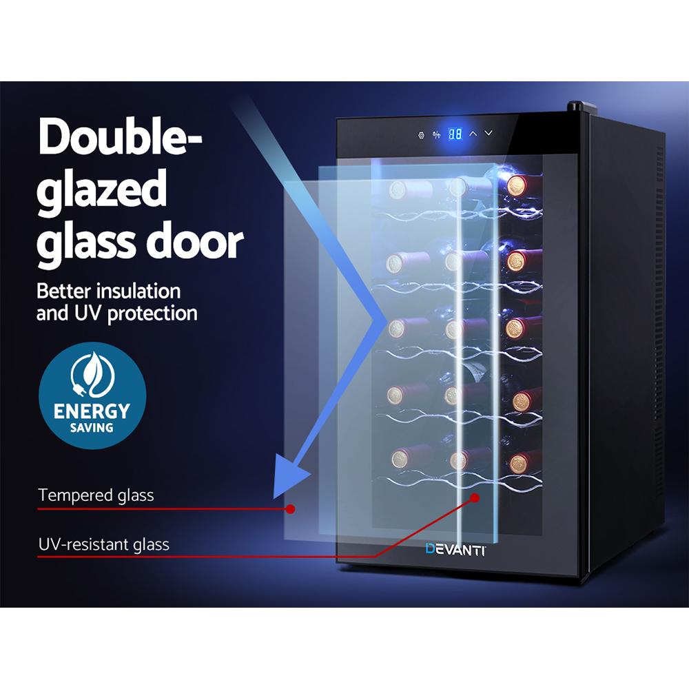 Devanti Wine Cooler 18 Bottles Glass Door Beverage Cooler Thermoelectric Fridge Black - Outdoorium