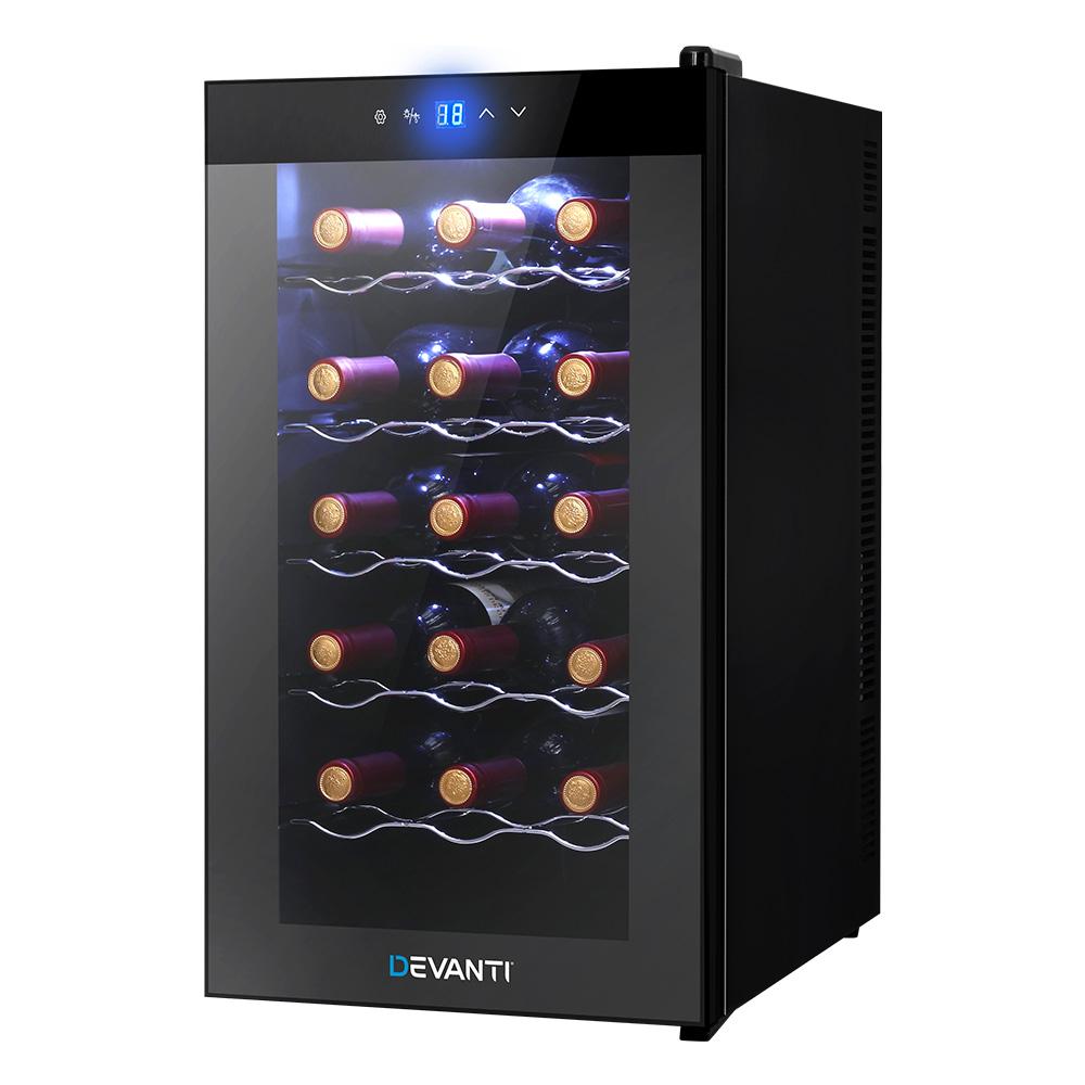 Devanti Wine Cooler 18 Bottles Glass Door Beverage Cooler Thermoelectric Fridge Black - Outdoorium