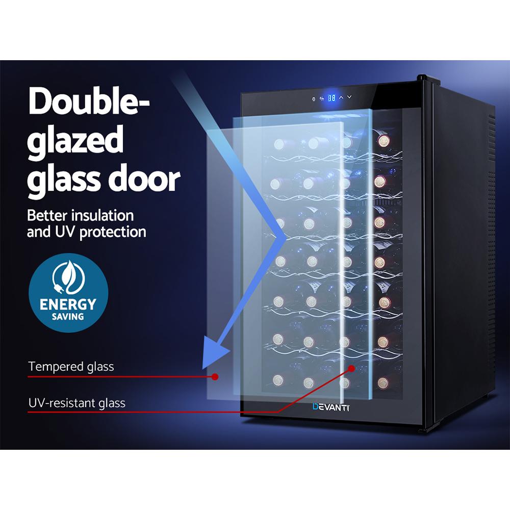 Devanti Wine Cooler 28 Bottles Glass Door Beverage Cooler Thermoelectric Fridge Black - Outdoorium