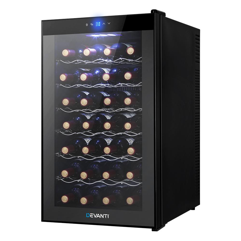 Devanti Wine Cooler 28 Bottles Glass Door Beverage Cooler Thermoelectric Fridge Black - Outdoorium