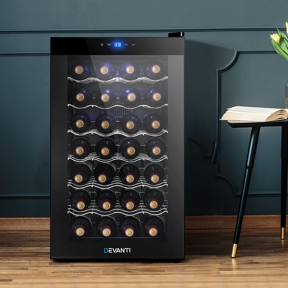 Devanti Wine Cooler 28 Bottles Glass Door Beverage Cooler Thermoelectric Fridge Black - Outdoorium