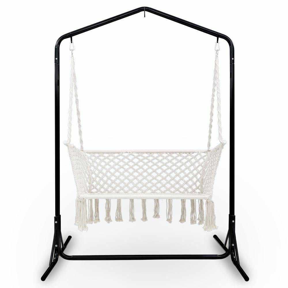 Double Swing Hammock Chair with Stand Macrame Outdoor Bench Seat Chairs - Outdoorium