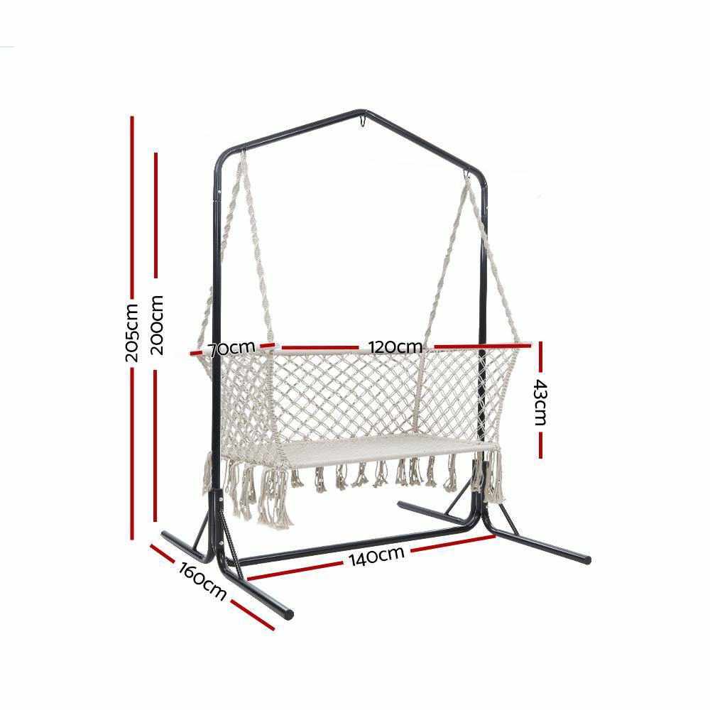 Double Swing Hammock Chair with Stand Macrame Outdoor Bench Seat Chairs - Outdoorium