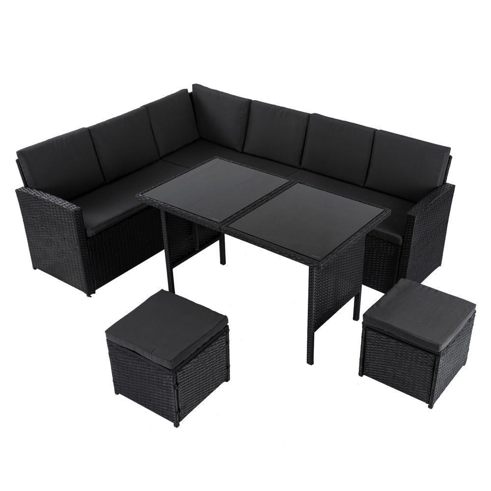 Ella 8-Seater Modular Outdoor Garden Lounge and Dining Set with Table and Stools in Black - Outdoorium
