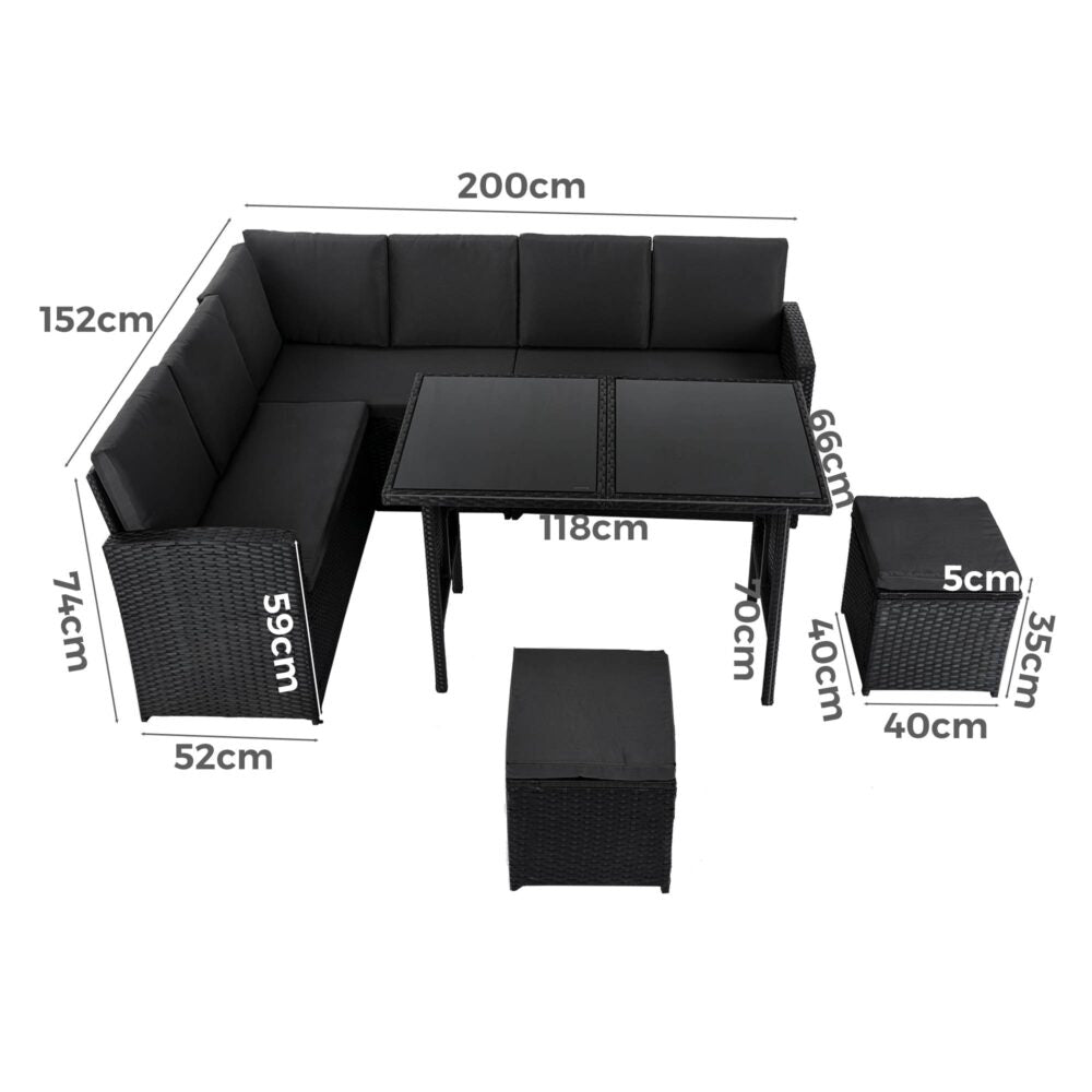 Ella 8-Seater Modular Outdoor Garden Lounge and Dining Set with Table and Stools in Black - Outdoorium