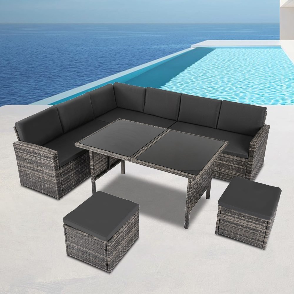 Ella 8-Seater Modular Outdoor Garden Lounge and Dining Set with Table and Stools in Dark Grey Weave - Outdoorium