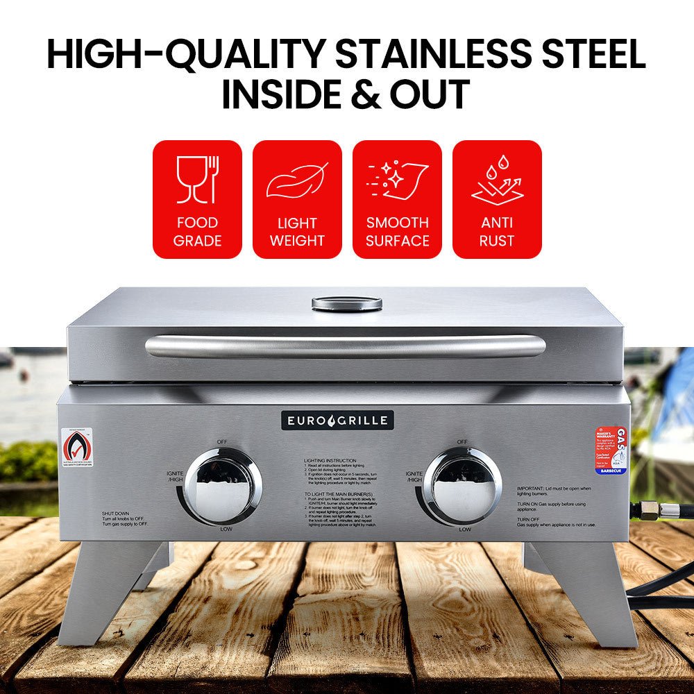 EUROGRILLE 2-Burner Stainless Steel Portable Gas BBQ Grill - Outdoorium