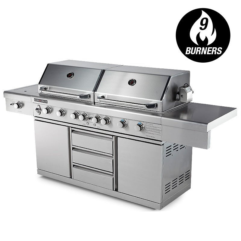 EuroGrille 9 Burner Outdoor BBQ Grill Barbeque Gas Stainless Steel Kitchen Commercial - Outdoorium