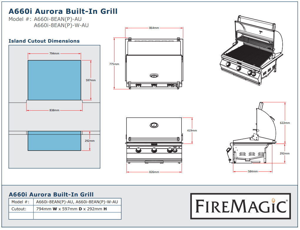 Fire Magic Grills Aurora A660i Built-In Grill With Analog Thermometer, Back Burner &amp; Rotisserie Kit - Outdoorium