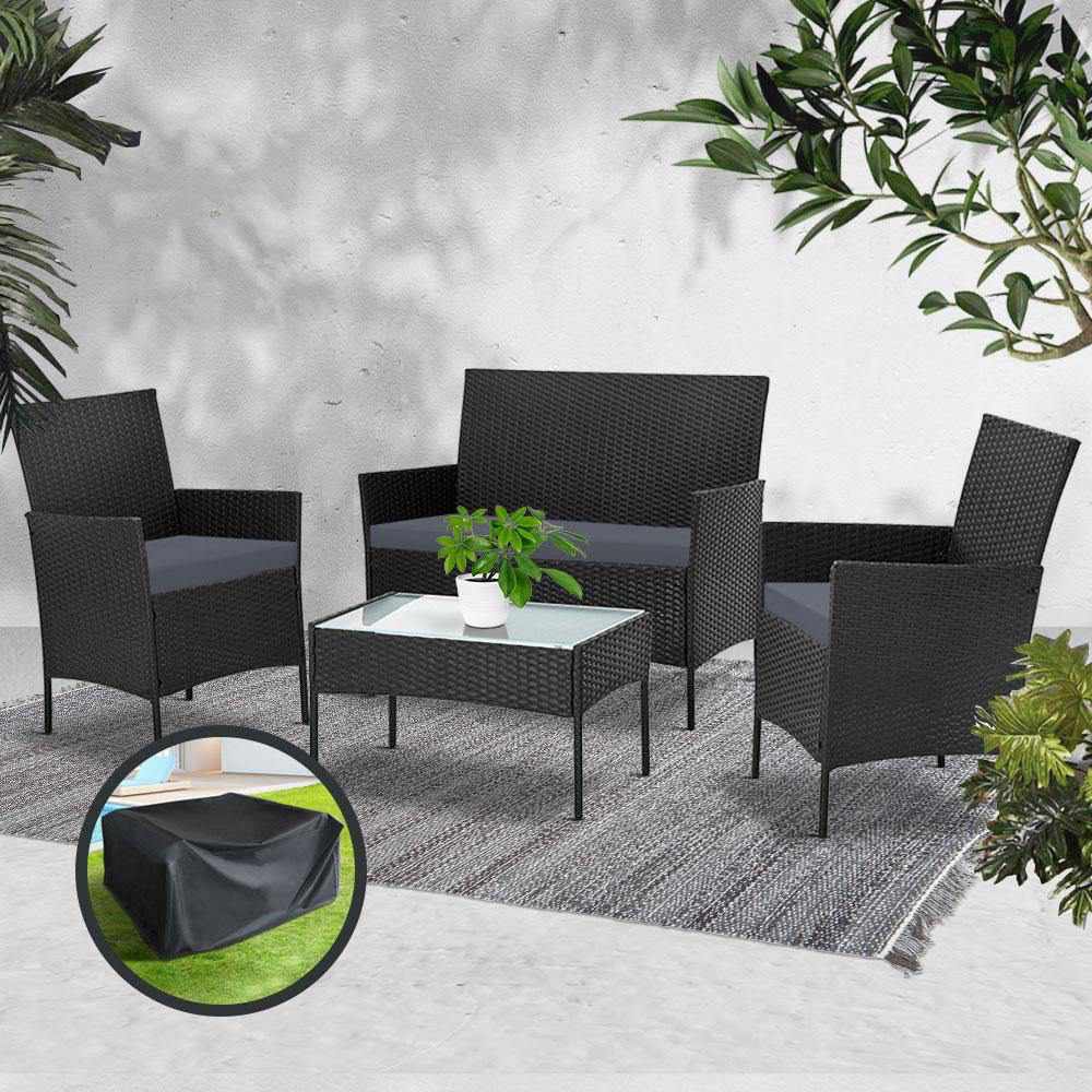 Gardeon Outdoor Furniture Lounge Setting Wicker Patio Dining Set w/Storage Cover Black - Outdoorium