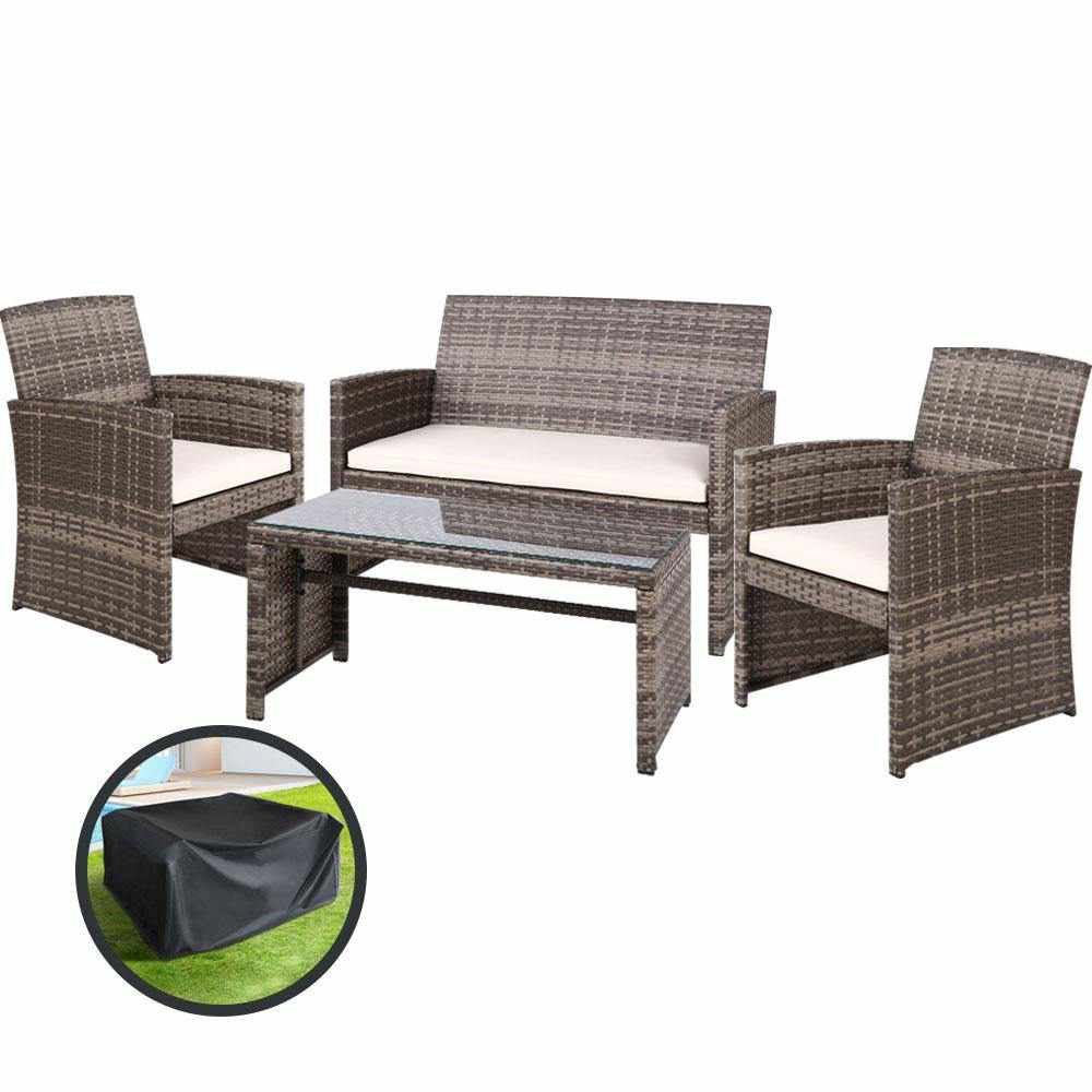 Gardeon Rattan Furniture Outdoor Lounge Setting Wicker Dining Set w/Storage Cover Mixed Grey - Outdoorium
