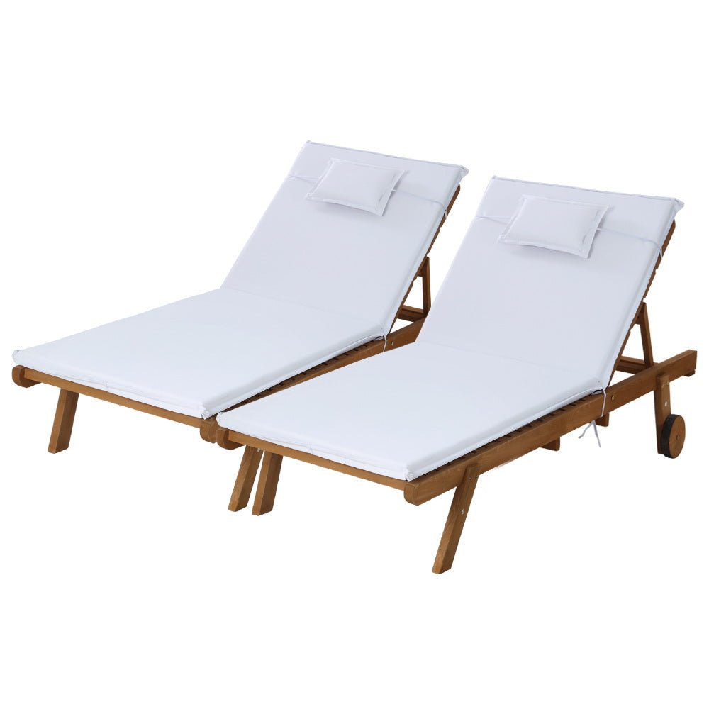 Gardeon 2pc Sun Lounge Wooden Lounger Outdoor Furniture Day Bed Wheel Patio White - Outdoorium