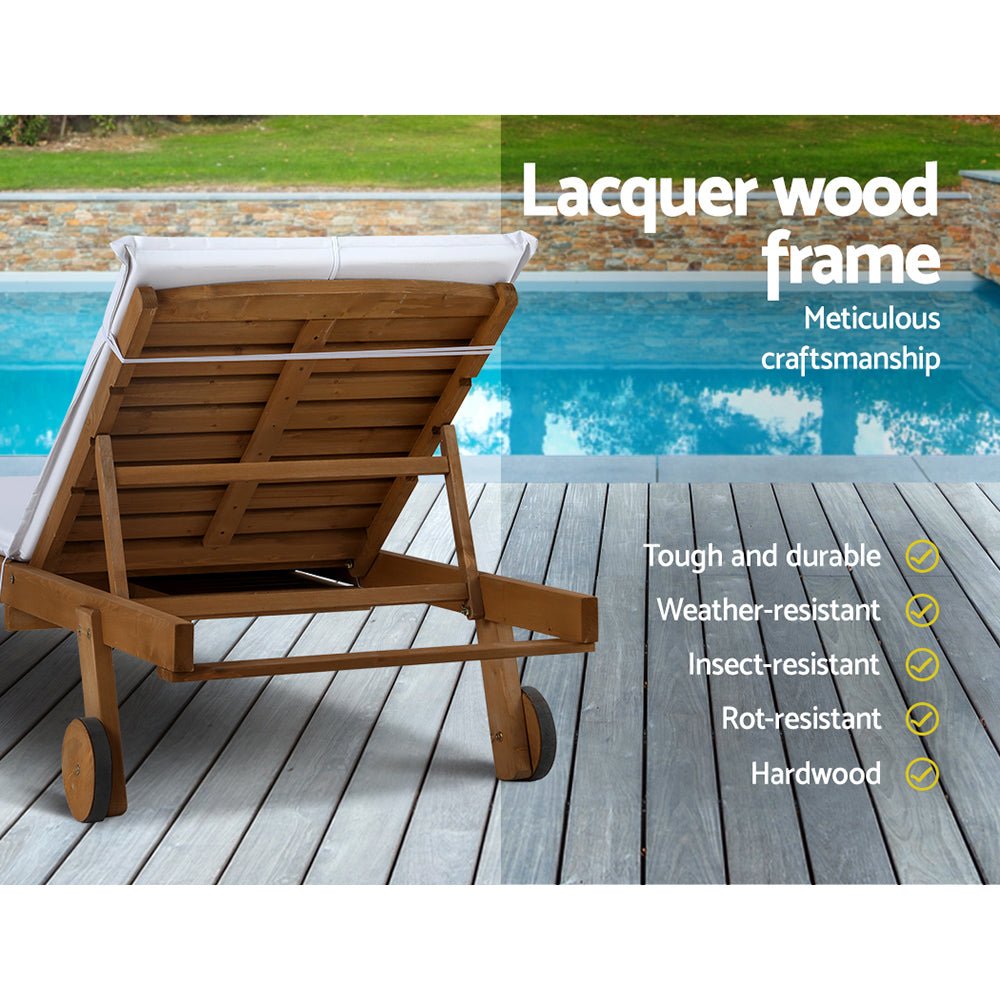 Gardeon 2pc Sun Lounge Wooden Lounger Outdoor Furniture Day Bed Wheel Patio White - Outdoorium
