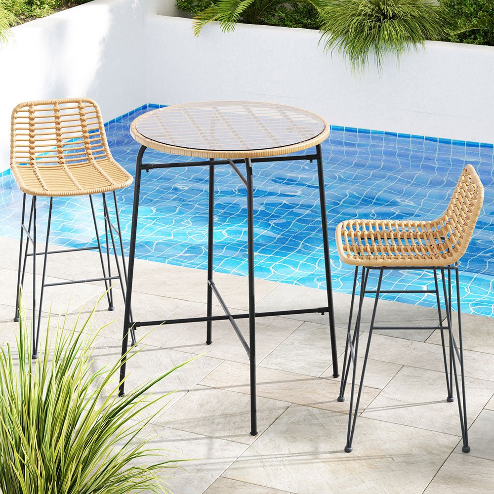 Gardeon 3-Piece Outdoor Bar Set Wicker Table Chairs Patio Bistro - Outdoorium