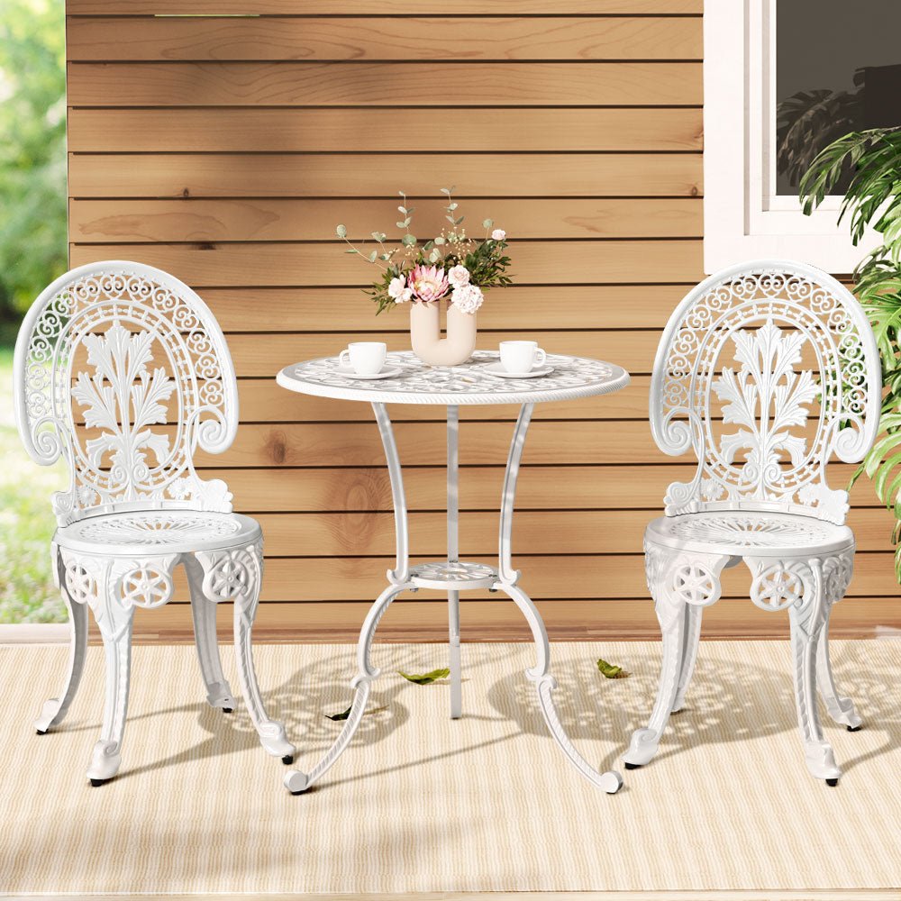 Gardeon 3PC Patio Furniture Outdoor Bistro Set Dining Chairs Aluminium White - Outdoorium
