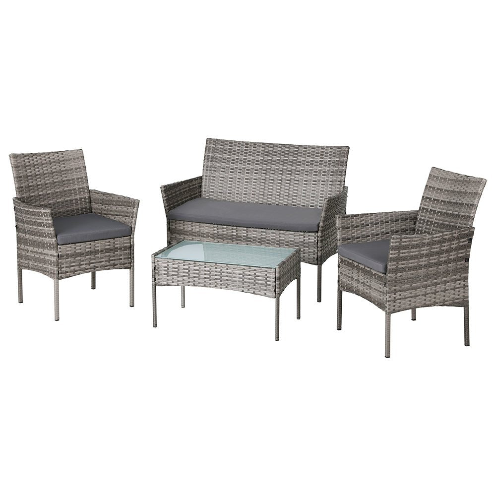 Gardeon 4 Seater Outdoor Sofa Set Wicker Setting Table Chair Furniture Grey - Outdoorium