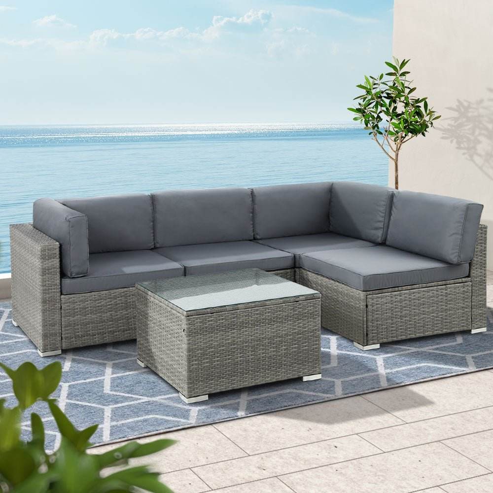 Gardeon 5-Piece Outdoor Sofa Set Wicker Couch Lounge Setting 4 Seater Grey - Outdoorium