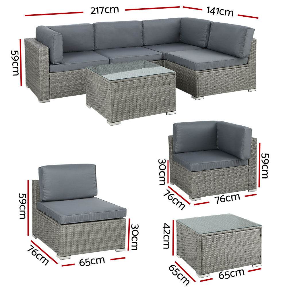 Gardeon 5-Piece Outdoor Sofa Set Wicker Couch Lounge Setting 4 Seater Grey - Outdoorium