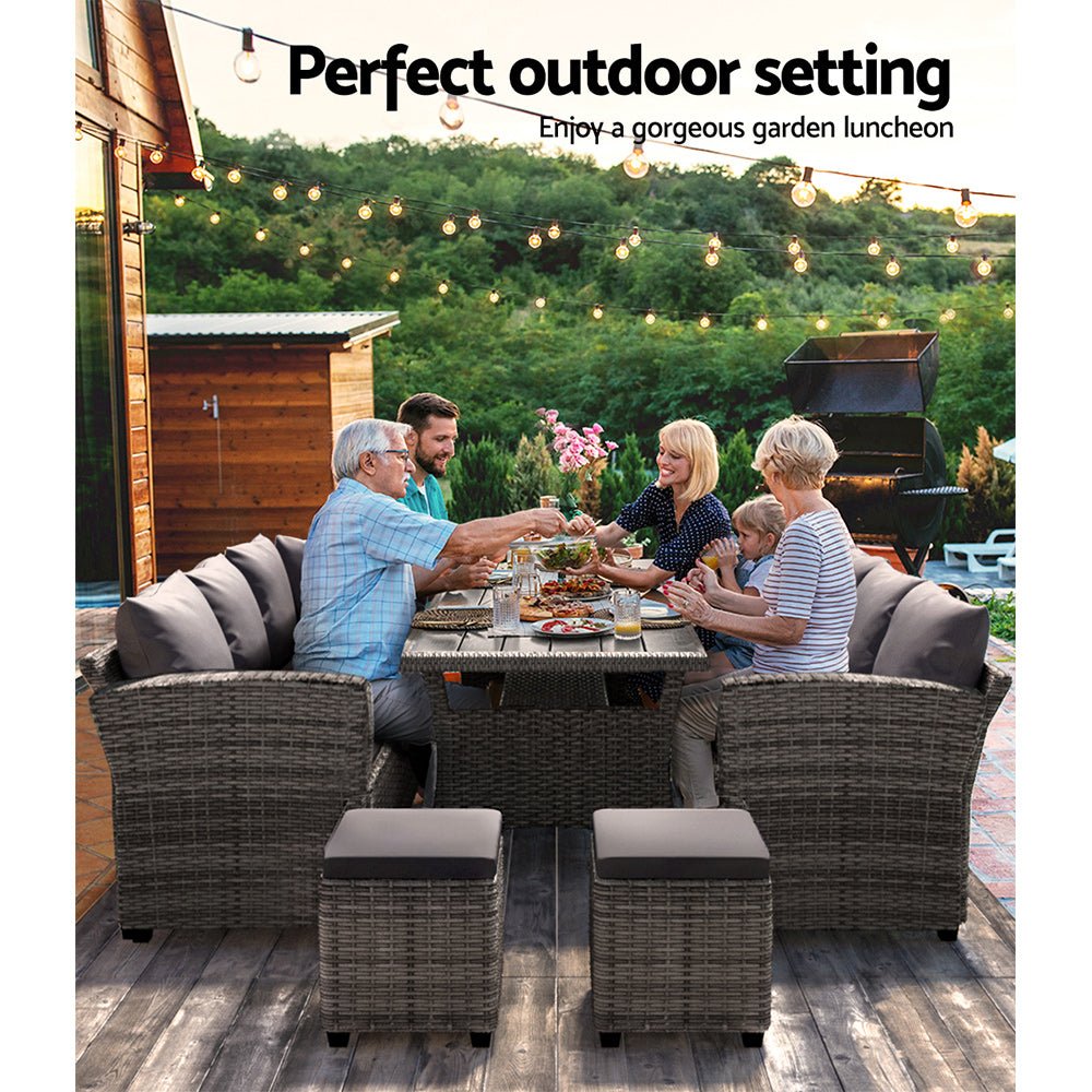 Gardeon 9-Seater Outdoor Dining Set Patio Furniture Wicker Lounge Table Chairs - Outdoorium