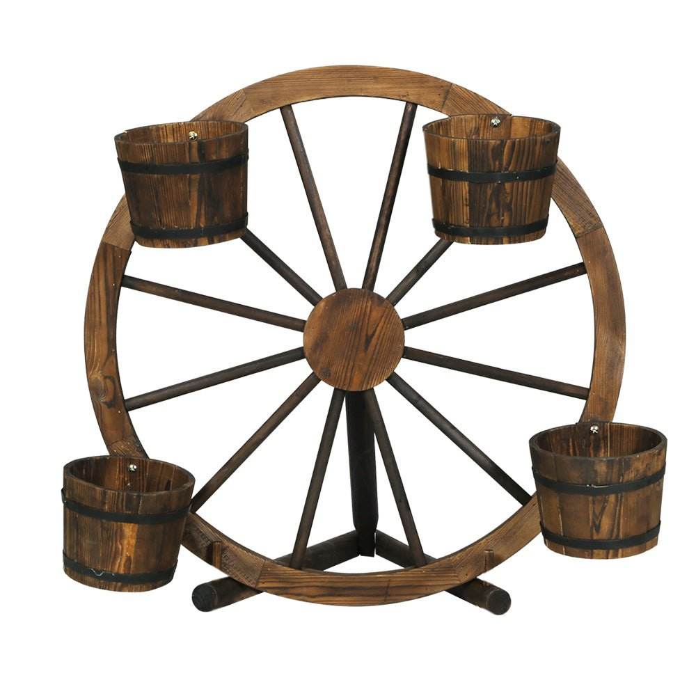 Gardeon Garden Decor Plant Stand Outdoor Ornament Wooden Wagon Wheel 80cm - Outdoorium