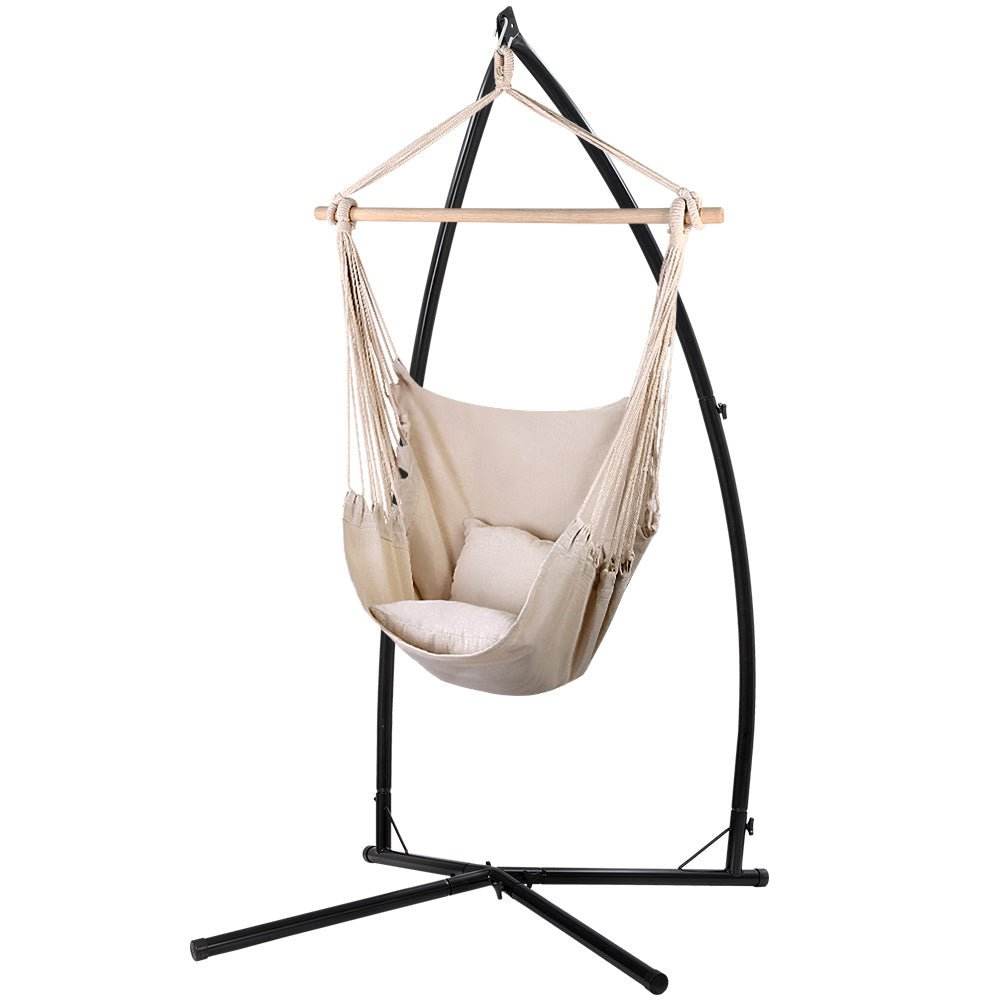 Gardeon Hammock Chair Outdoor Camping Hanging with Steel Stand Cream - Outdoorium