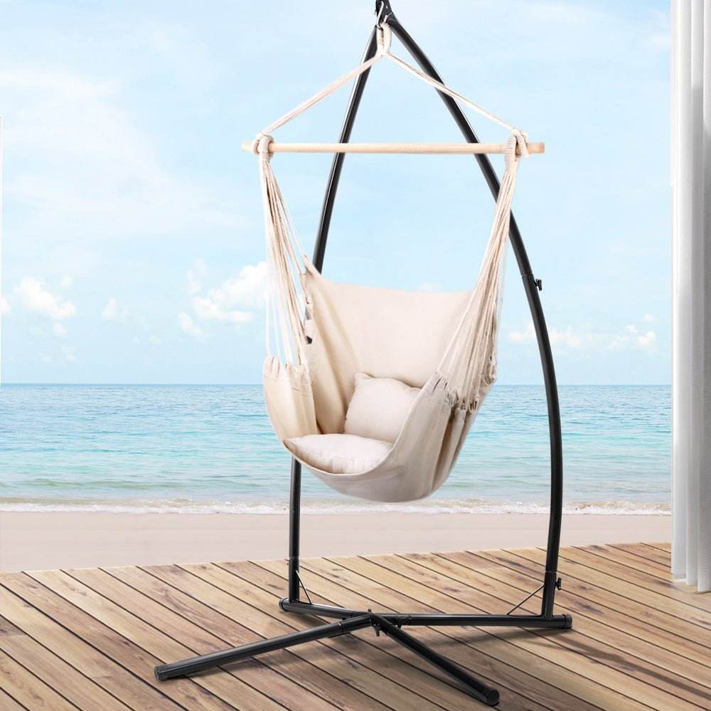 Gardeon Hammock Chair Outdoor Camping Hanging with Steel Stand Cream - Outdoorium