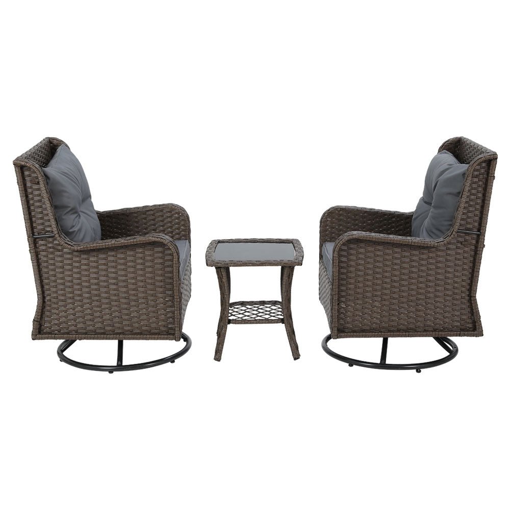 Gardeon Outdoor Chairs Patio Furniture Lounge Setting 3 Pcs Wicker Swivel Chair Table Bistro Set - Outdoorium