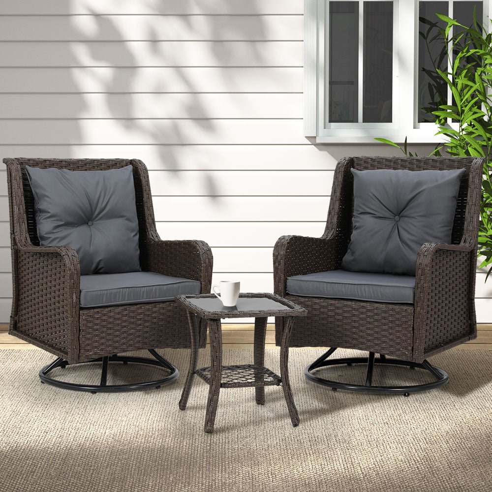 Gardeon Outdoor Chairs Patio Furniture Lounge Setting 3 Pcs Wicker Swivel Chair Table Bistro Set - Outdoorium