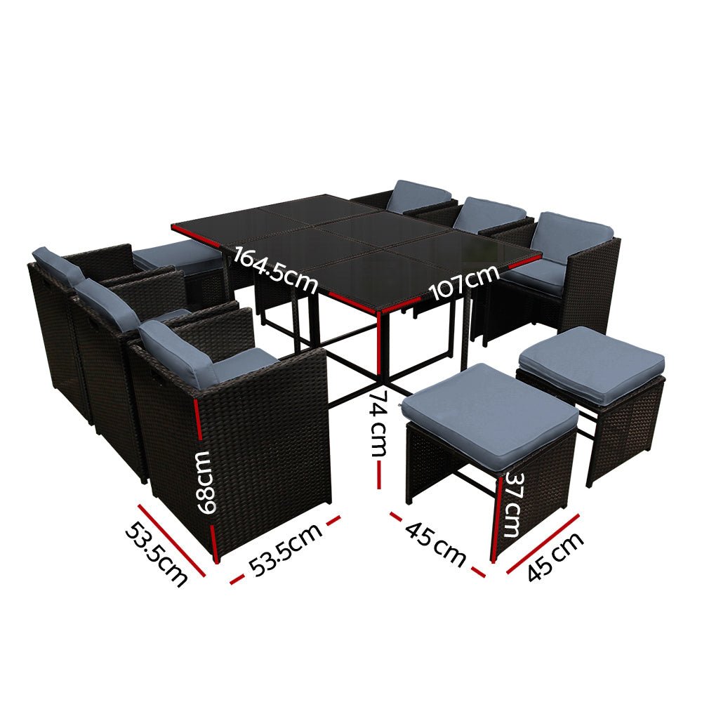 Gardeon Outdoor Dining Set 11 Piece Wicker Table Chairs Setting Black - Outdoorium