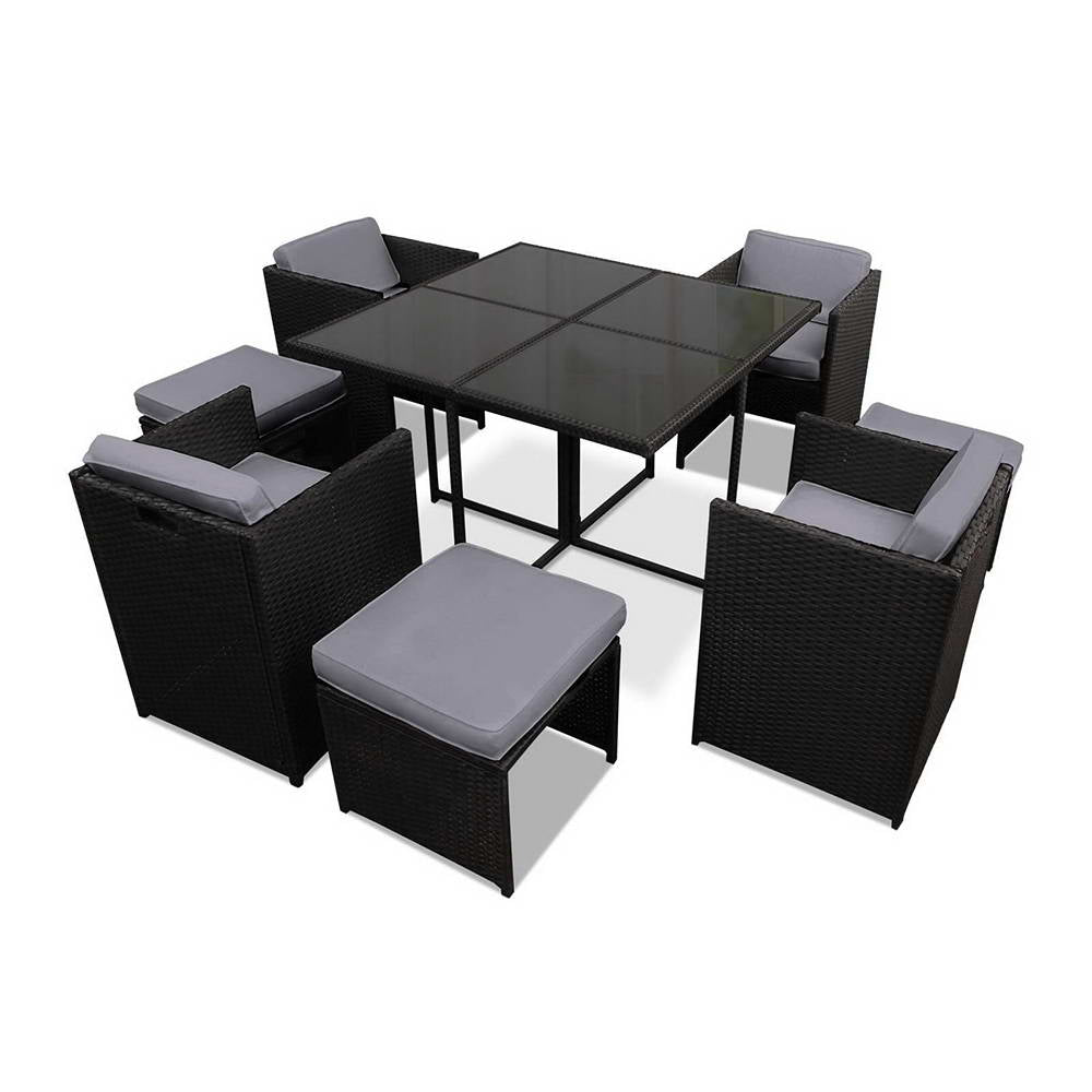 Gardeon Outdoor Dining Set 9 Piece Wicker Table Chairs Setting Black - Outdoorium