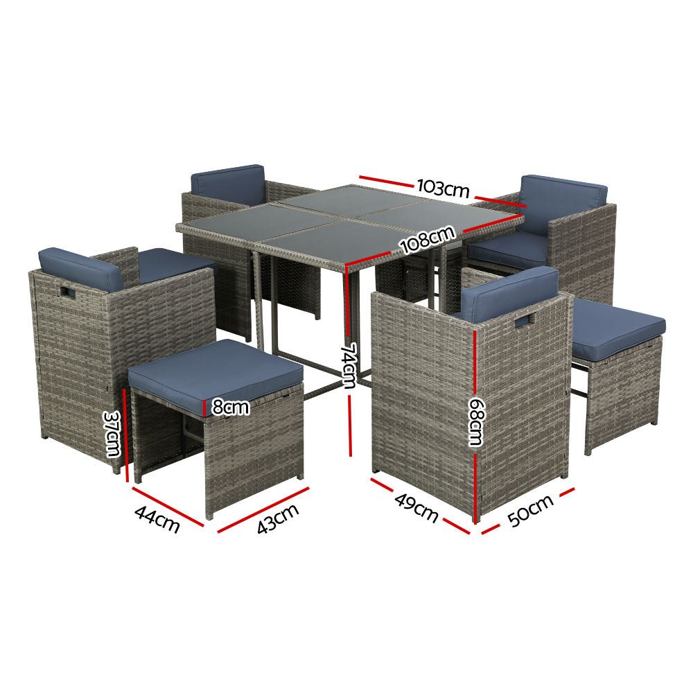 Gardeon Outdoor Dining Set 9 Piece Wicker Table Chairs Setting Grey - Outdoorium