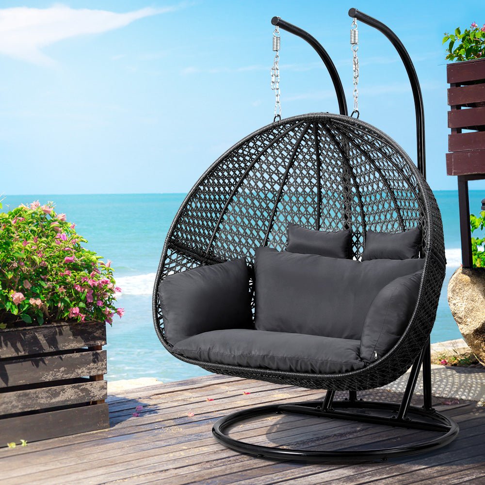 Gardeon Outdoor Egg Swing Chair Hanging Pod Chair Wicker Cushion 2 Person Grey - Outdoorium