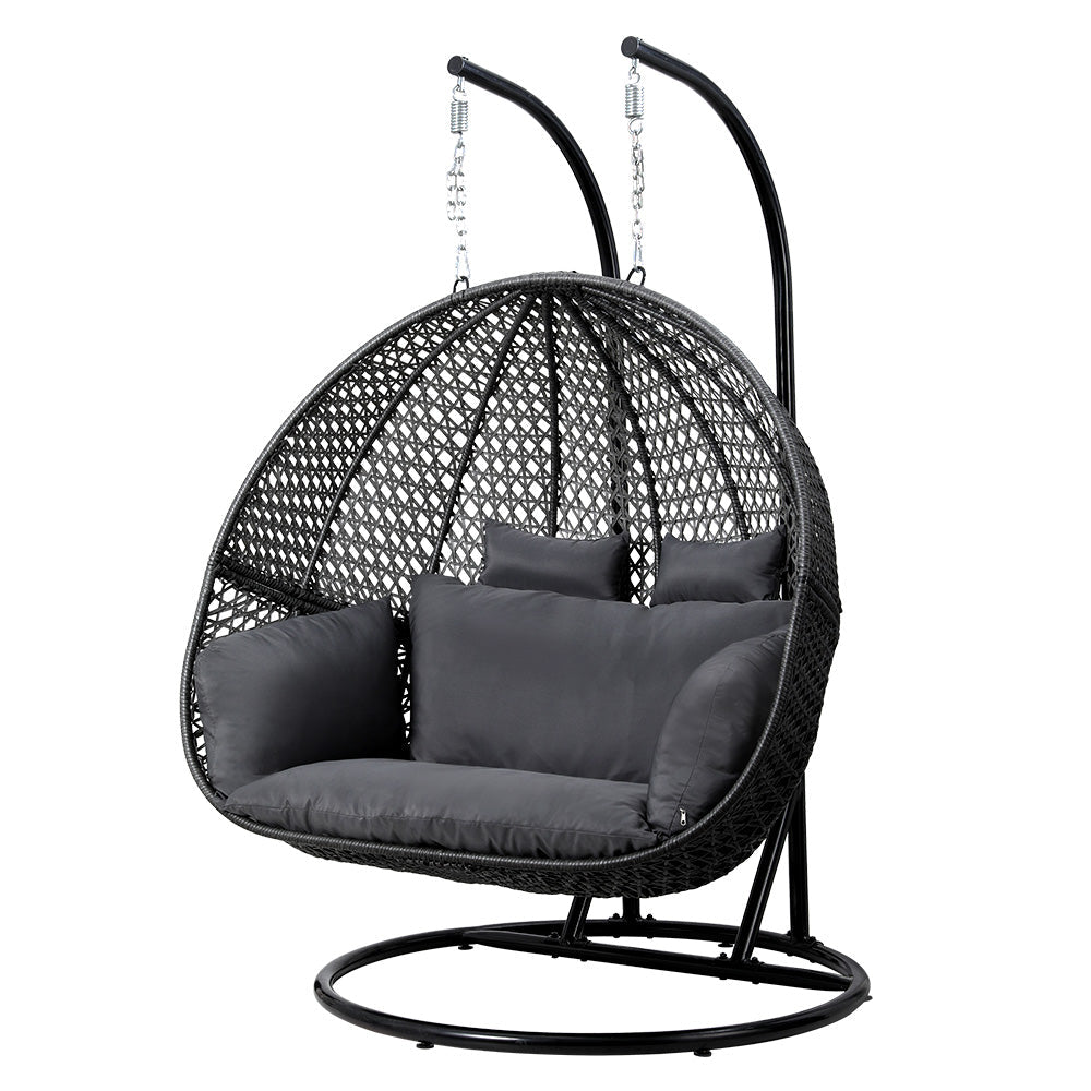 Gardeon Outdoor Egg Swing Chair Hanging Pod Chair Wicker Cushion 2 Person Grey - Outdoorium