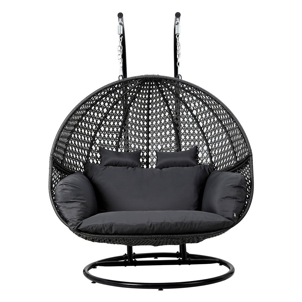 Gardeon Outdoor Egg Swing Chair Hanging Pod Chair Wicker Cushion 2 Person Grey - Outdoorium